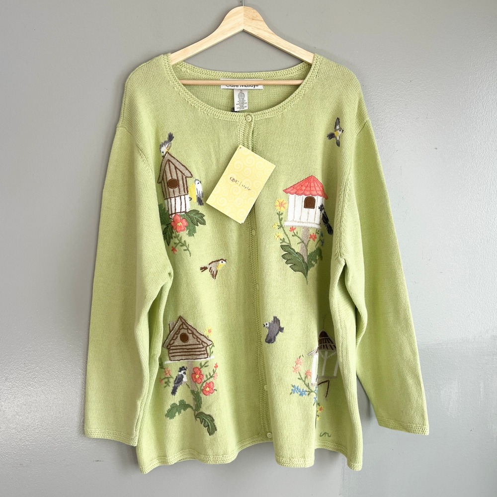 Claire Murray Cardigan Womens 2X Green Birdhouse Birds Vintage Grannycore NWT